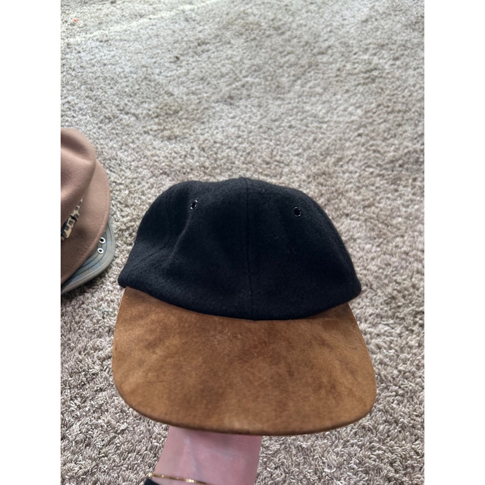 Vintage Black Wool Genuine Brown Suede Leather Brim Strapback Hat One Size - Picture 3 of 8